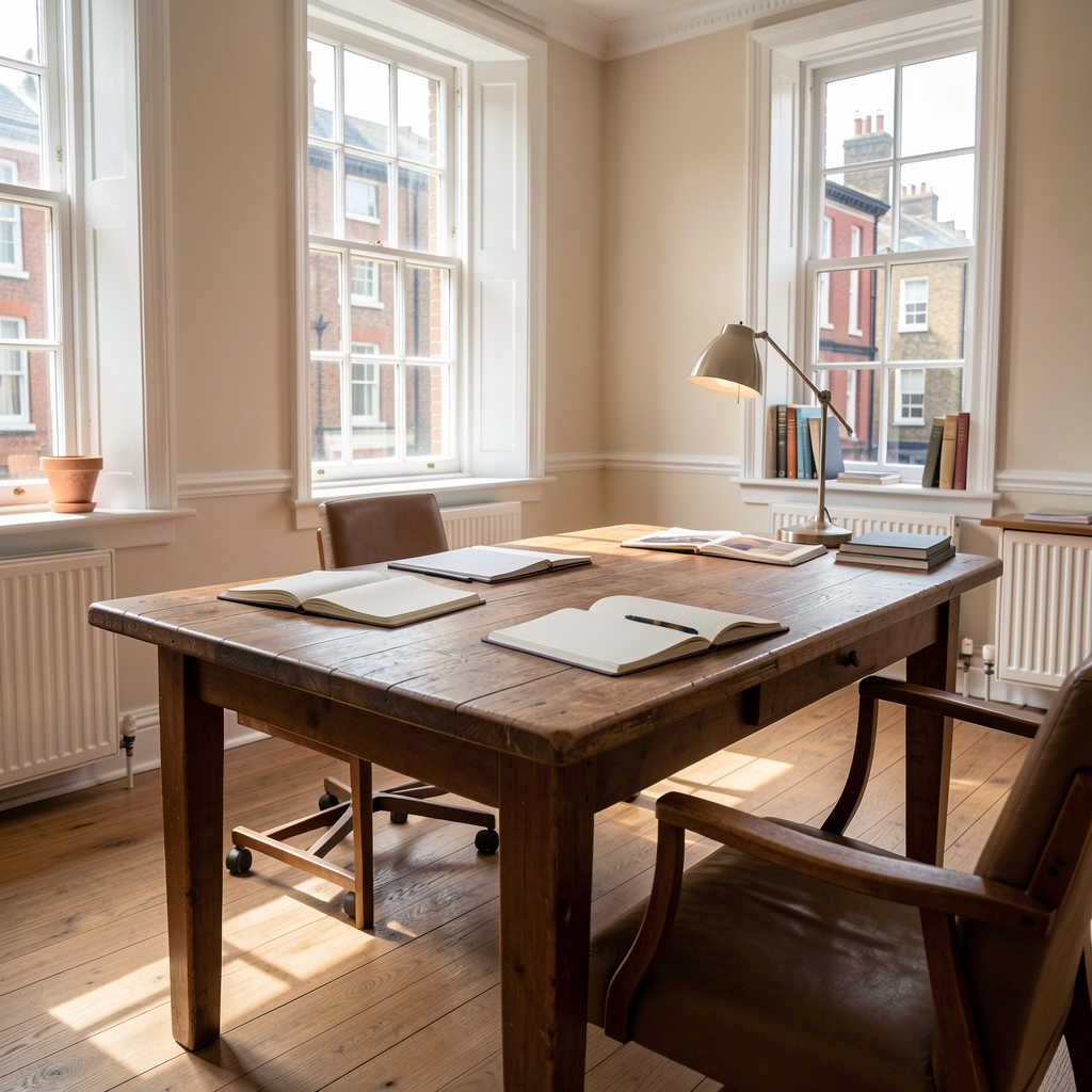 Notebook open on a wooden desk with handwritten editorial notes beside a cup of tea and scattered pages with printed nutritional research in warm natural daylight